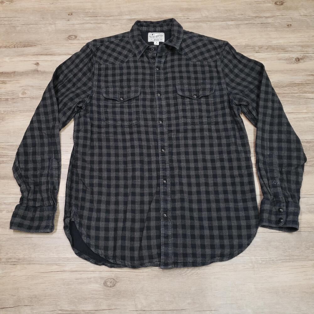 Lucky Brand Flannel Shirt Mens Medium Gray Check Long Sleeve Button Up Casual